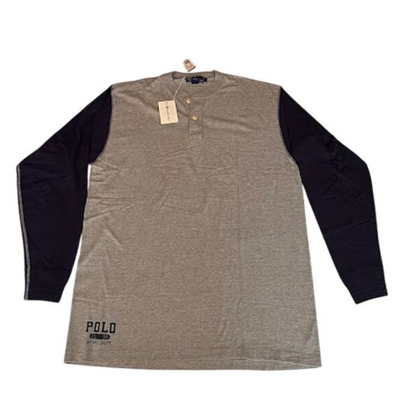 Polo Ralph Lauren Henley FL 90 Athl Dept Gray Navy Shirt Sz L NWT - Picture 1 of 8
